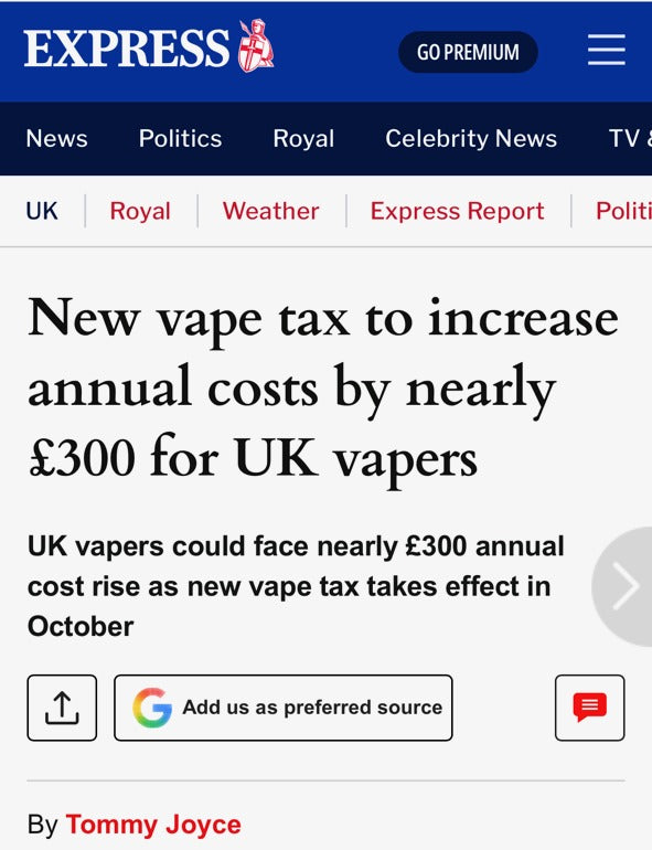 Daily Express article on the new vape tax, quoting Vapekit