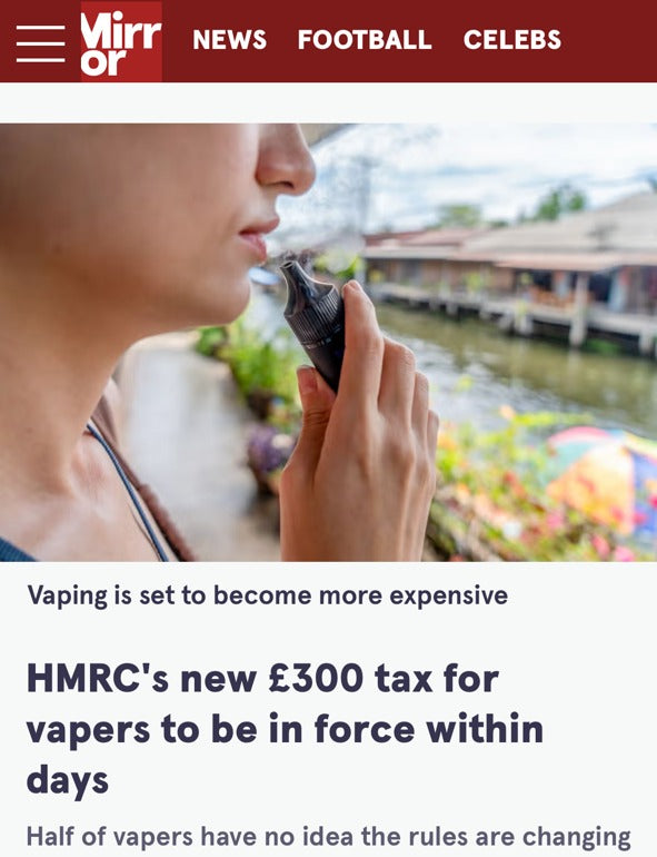 Daily Mirror article on the new vape tax, quoting Vapekit