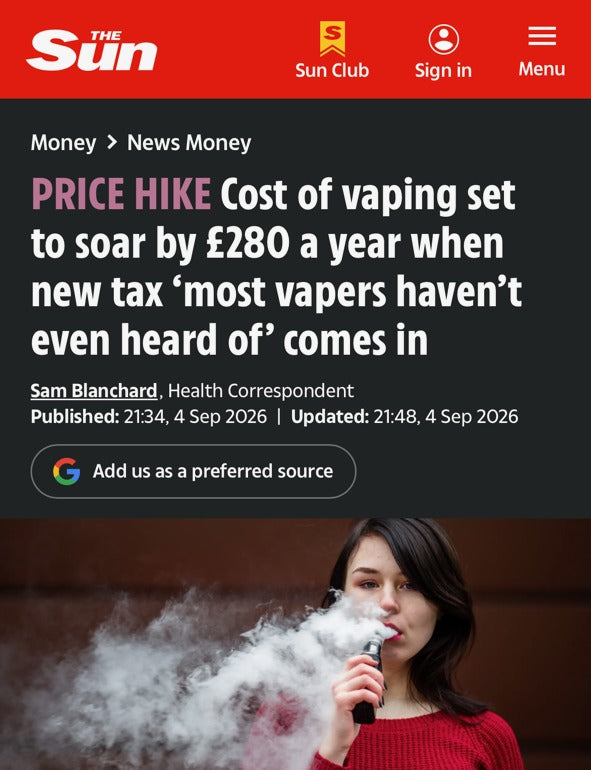 The Sun article on the cost of vaping rising with the new tax, quoting Vapekit